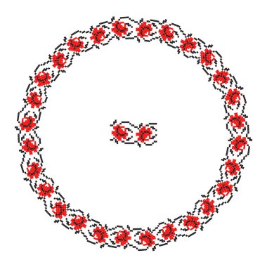 El yapımı, çapraz dikişli Ukrayna deseni gibi güzel işlenmiş. Etnik tarzda yuvarlak bir süs. Süslü yemek ile moda arka planı. İç dekorasyon, vektör illüstrasyonu.