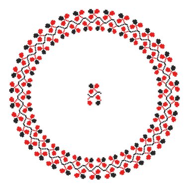 El yapımı, çapraz dikişli Ukrayna deseni gibi güzel işlenmiş. Etnik tarzda yuvarlak bir süs. Süslü yemek ile moda arka planı. İç dekorasyon, vektör illüstrasyonu.