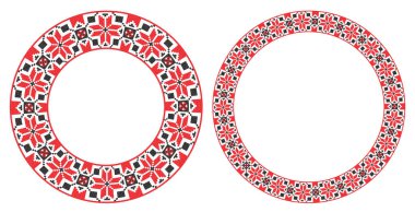 El yapımı, çapraz dikişli Ukrayna deseni gibi güzel işlenmiş. Etnik tarzda yuvarlak bir süs. Süslü yemek ile moda arka planı. İç dekorasyon, vektör illüstrasyonu.