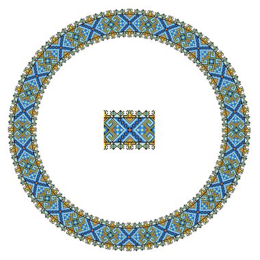 El yapımı, çapraz dikişli Ukrayna deseni gibi güzel işlenmiş. Etnik tarzda yuvarlak bir süs. Süslü yemek ile moda arka planı. İç dekorasyon, vektör illüstrasyonu.