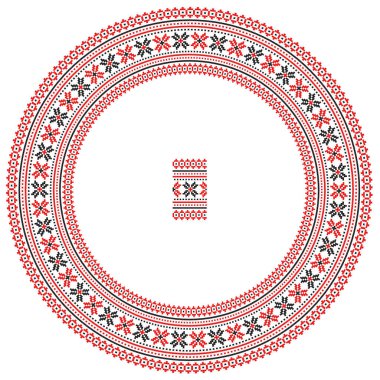 El yapımı, çapraz dikişli Ukrayna deseni gibi güzel işlenmiş. Etnik tarzda yuvarlak bir süs. Süslü yemek ile moda arka planı. İç dekorasyon, vektör illüstrasyonu.