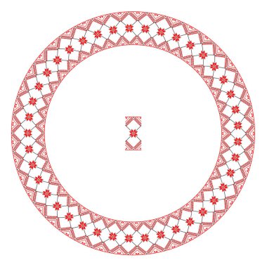 El yapımı, çapraz dikişli Ukrayna deseni gibi güzel işlenmiş. Etnik tarzda yuvarlak bir süs. Süslü yemek ile moda arka planı. İç dekorasyon, vektör illüstrasyonu.