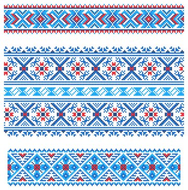 Tasarım için el yapımı çapraz dikiş gibi dikişsiz nakışlı eşyalar. Vektör beyaz arkaplanda resimle sınırlandırılır. Belarus Ulusal Süslemesi.