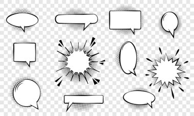 Geriye dönük boş çizgi roman baloncukları ve noktalı elementler şeffaf arkaplanda gölgeler olarak yarım ton. EPS10 düzenlenebilir vektör çizimi.