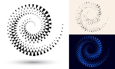 Simge ya da arkaplan olarak yarım tonlu spiral. Logo veya amblem için üçgen içeren siyah soyut vektör. Tasarımınız için beyaz arkaplanda çember sınırı izole edildi.