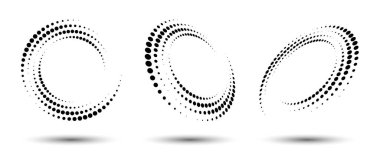 Yarım ton daire çerçeve, herhangi bir proje için soyut noktalar logo amblem tasarım öğesi. Kenar simgesi ya da arka plan. Vektör EPS10 illüstrasyonu. Farklı perspektiflere sahip soyut noktalı yarım ton vektörü