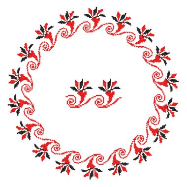 El yapımı, çapraz dikişli Ukrayna deseni gibi güzel işlenmiş. Etnik tarzda yuvarlak bir süs. Süslü yemek ile moda arka planı. İç dekorasyon, vektör illüstrasyonu.