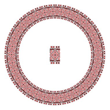 El yapımı, çapraz dikişli Ukrayna deseni gibi güzel işlenmiş. Etnik tarzda yuvarlak bir süs. Süslü yemek ile moda arka planı. İç dekorasyon, vektör illüstrasyonu.