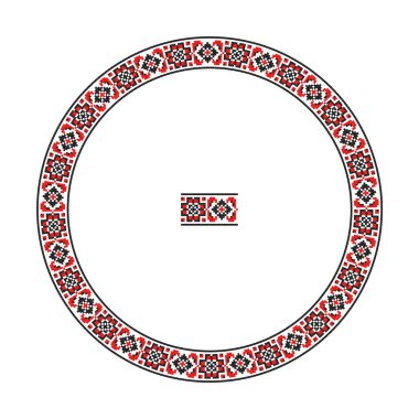 El yapımı, çapraz dikişli Ukrayna deseni gibi güzel işlenmiş. Etnik tarzda yuvarlak bir süs. Süslü yemek ile moda arka planı. İç dekorasyon, vektör illüstrasyonu.
