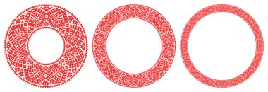 El yapımı, çapraz dikişli Ukrayna deseni gibi güzel işlenmiş. Etnik tarzda yuvarlak bir süs. Süslü yemek ile moda arka planı. İç dekorasyon, vektör illüstrasyonu.