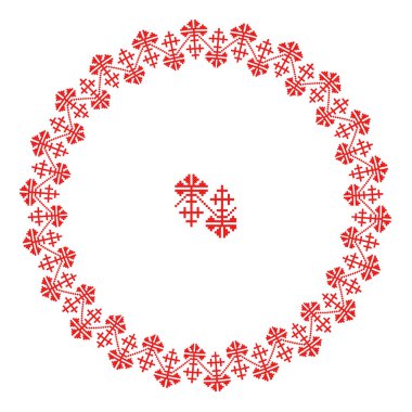 El yapımı, çapraz dikişli Ukrayna deseni gibi güzel işlenmiş. Etnik tarzda yuvarlak bir süs. Süslü yemek ile moda arka planı. İç dekorasyon, vektör illüstrasyonu.