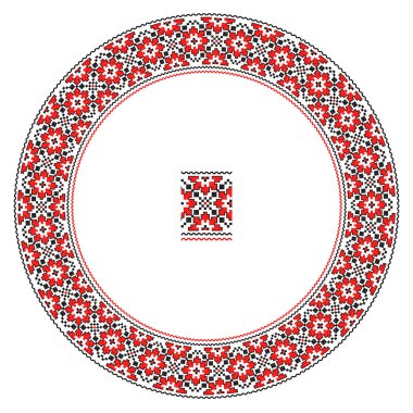 El yapımı, çapraz dikişli Ukrayna deseni gibi güzel işlenmiş. Etnik tarzda yuvarlak bir süs. Süslü yemek ile moda arka planı. İç dekorasyon, vektör illüstrasyonu.