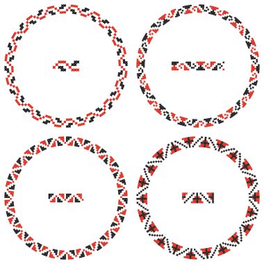 El yapımı, çapraz dikişli Ukrayna deseni gibi güzel işlenmiş. Etnik tarzda yuvarlak bir süs. Süslü yemek ile moda arka planı. İç dekorasyon, vektör illüstrasyonu.