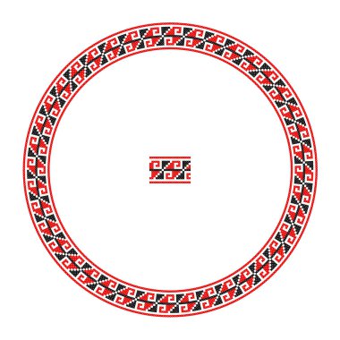 El yapımı, çapraz dikişli Ukrayna deseni gibi güzel işlenmiş. Etnik tarzda yuvarlak bir süs. Süslü yemek ile moda arka planı. İç dekorasyon, vektör illüstrasyonu.