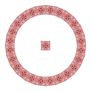 El yapımı, çapraz dikişli Ukrayna deseni gibi güzel işlenmiş. Etnik tarzda yuvarlak bir süs. Süslü yemek ile moda arka planı. İç dekorasyon, vektör illüstrasyonu.