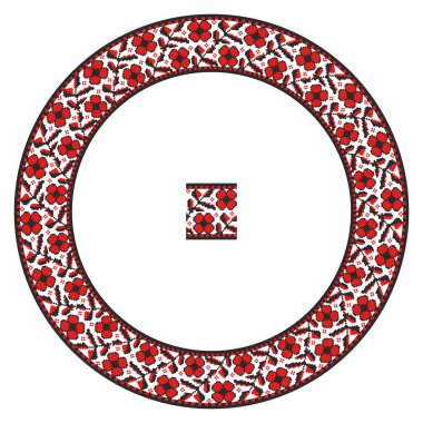 El yapımı, çapraz dikişli Ukrayna deseni gibi güzel işlenmiş. Etnik tarzda yuvarlak bir süs. Süslü yemek ile moda arka planı. İç dekorasyon, vektör illüstrasyonu.