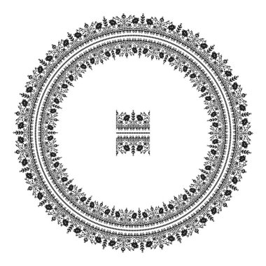 El yapımı, çapraz dikişli Ukrayna deseni gibi güzel işlenmiş. Etnik tarzda yuvarlak bir süs. Süslü yemek ile moda arka planı. İç dekorasyon, vektör illüstrasyonu.