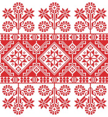 İşlemeli eski el yapımı çapraz dikişli etnik Ukrayna deseni. Süslü Ukrayna havlusu. Vektör olarak Rushnyk biçimi