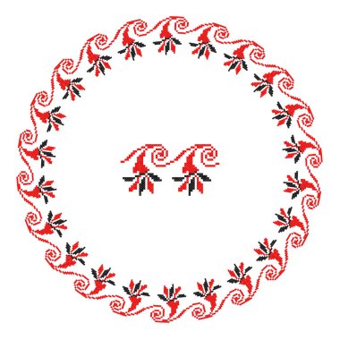 El yapımı, çapraz dikişli Ukrayna deseni gibi güzel işlenmiş. Etnik tarzda yuvarlak bir süs. Süslü yemek ile moda arka planı. İç dekorasyon, vektör illüstrasyonu.