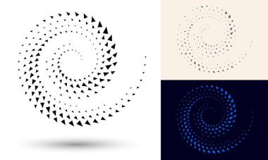 Simge ya da arkaplan olarak yarım tonlu spiral. Logo veya amblem için üçgen içeren siyah soyut vektör. Tasarımınız için beyaz arkaplanda çember sınırı izole edildi.