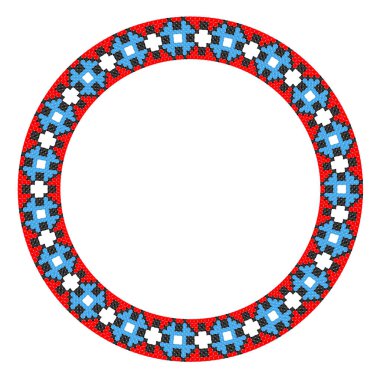 El yapımı, çapraz dikişli Ukrayna deseni gibi güzel işlenmiş. Etnik tarzda yuvarlak bir süs. Süslü yemek ile moda arka planı. İç dekorasyon, vektör illüstrasyonu.