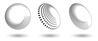 Herhangi bir proje için yarı ton şekilleri, soyut noktalar logo amblemi veya tasarım öğesi. Yuvarlak simge ya da arka plan. Vektör EPS10 illüstrasyonu. Farklı perspektiflere sahip soyut noktalı yarım ton vektörü