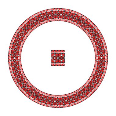 El yapımı, çapraz dikişli Ukrayna deseni gibi güzel işlenmiş. Etnik tarzda yuvarlak bir süs. Süslü yemek ile moda arka planı. İç dekorasyon, vektör illüstrasyonu.