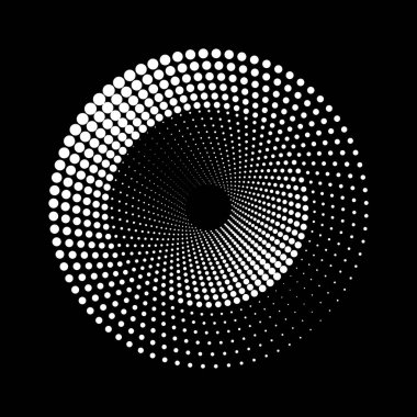Yarım tonlu noktalar daire şeklinde. Yuvarlak logo ya da simge. Tasarım ögesi olarak vektör noktalı illüstrasyon