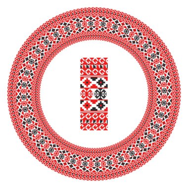 El yapımı, çapraz dikişli Ukrayna deseni gibi güzel işlenmiş. Etnik tarzda yuvarlak bir süs. Süslü yemek ile moda arka planı. İç dekorasyon, vektör illüstrasyonu.