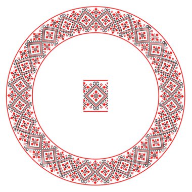 El yapımı, çapraz dikişli Ukrayna deseni gibi güzel işlenmiş. Etnik tarzda yuvarlak bir süs. Süslü yemek ile moda arka planı. İç dekorasyon, vektör illüstrasyonu.