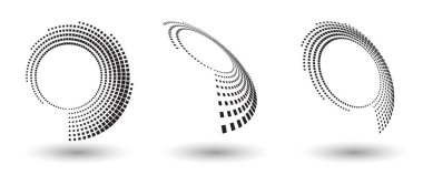 Herhangi bir proje için yarı ton şekilleri, soyut noktalar logo amblemi veya tasarım öğesi. Yuvarlak simge ya da arka plan. Vektör EPS10 illüstrasyonu. Farklı perspektiflere sahip soyut noktalı yarım ton vektörü