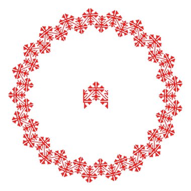 El yapımı, çapraz dikişli Ukrayna deseni gibi güzel işlenmiş. Etnik tarzda yuvarlak bir süs. Süslü yemek ile moda arka planı. İç dekorasyon, vektör illüstrasyonu.