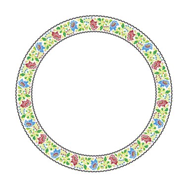 El yapımı, çapraz dikişli Ukrayna deseni gibi güzel işlenmiş. Etnik tarzda yuvarlak bir süs. Süslü yemek ile moda arka planı. İç dekorasyon, vektör illüstrasyonu.