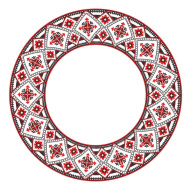 El yapımı, çapraz dikişli Ukrayna deseni gibi güzel işlenmiş. Etnik tarzda yuvarlak bir süs. Süslü yemek ile moda arka planı. İç dekorasyon, vektör illüstrasyonu.