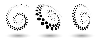 Herhangi bir proje için yarı ton şekilleri, soyut noktalar logo amblemi veya tasarım öğesi. Yuvarlak simge ya da arka plan. Vektör EPS10 illüstrasyonu. Farklı perspektiflere sahip soyut noktalı yarım ton vektörü