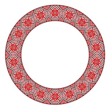 El yapımı, çapraz dikişli Ukrayna deseni gibi güzel işlenmiş. Etnik tarzda yuvarlak bir süs. Süslü yemek ile moda arka planı. İç dekorasyon, vektör illüstrasyonu.