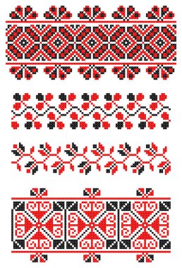 İşlemeli eski el yapımı çapraz dikişli etnik Ukrayna deseni. Süslü Ukrayna havlusu. Vektör olarak Rushnyk biçimi