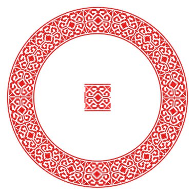 El yapımı, çapraz dikişli Ukrayna deseni gibi güzel işlenmiş. Etnik tarzda yuvarlak bir süs. Süslü yemek ile moda arka planı. İç dekorasyon, vektör illüstrasyonu.