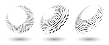 Herhangi bir proje için yarı ton şekilleri, soyut noktalar logo amblemi veya tasarım öğesi. Yuvarlak simge ya da arka plan. Vektör EPS10 illüstrasyonu. Farklı perspektiflere sahip soyut noktalı yarım ton vektörü