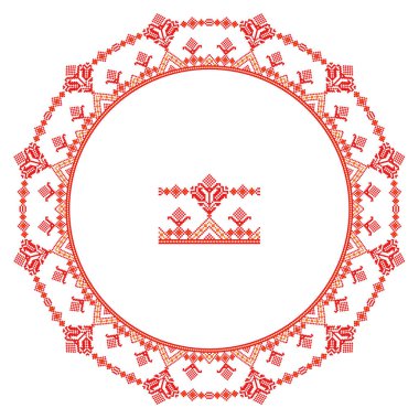 El yapımı, çapraz dikişli Ukrayna deseni gibi güzel işlenmiş. Etnik tarzda yuvarlak bir süs. Süslü yemek ile moda arka planı. İç dekorasyon, vektör illüstrasyonu.