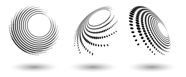 Halftone shapes, abstract dots logo emblem or design element for any project. Round icon or backgroud. Vector EPS10 illustration. Abstract dotted halftone vector with differents perspective