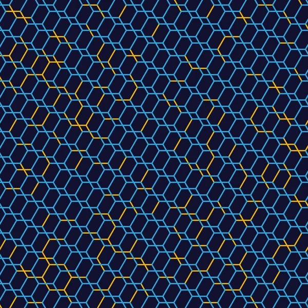 青とオレンジの六角形と黒の背景を持つ抽象的なグリッドパターン — ストックベクタ