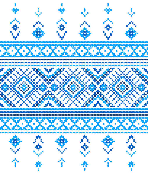 Вышито хорошо, как старый ручной кросс-стежок этнического белорусского образца. Синий зимний орнамент в векторе.