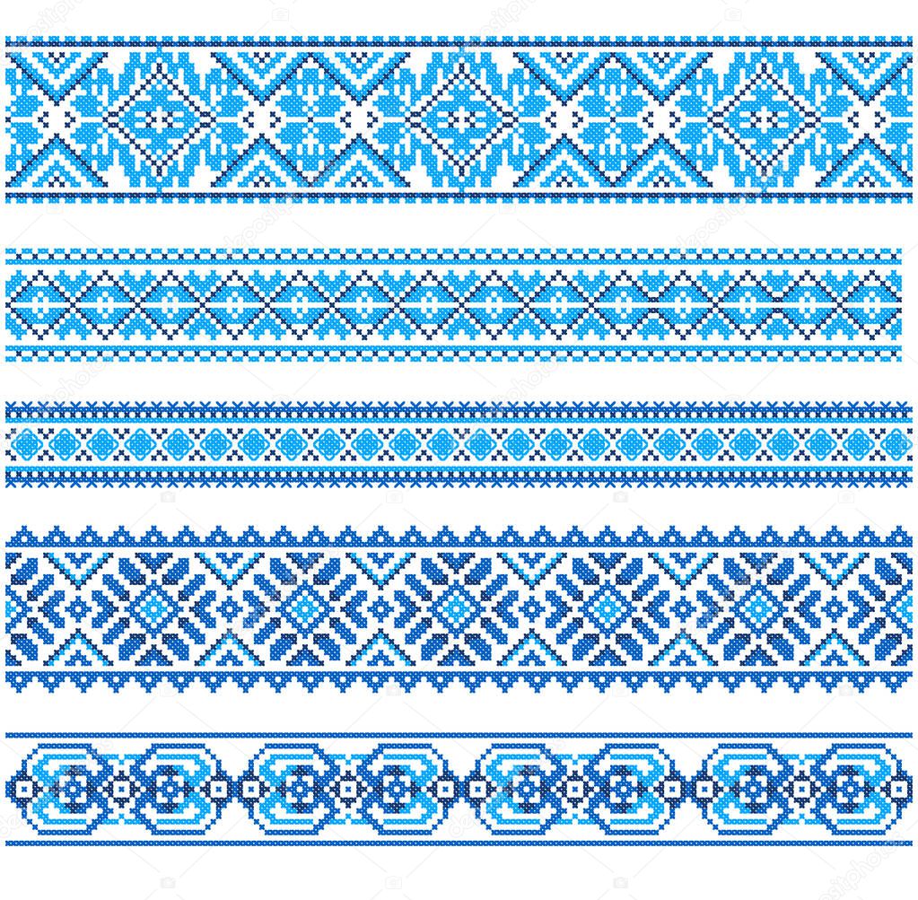 Set of seamless embroidered goods like handmade cross-stitch ethnic pattern for design. Vector  borders illustration on white background. Belarusian national ornament decoration.