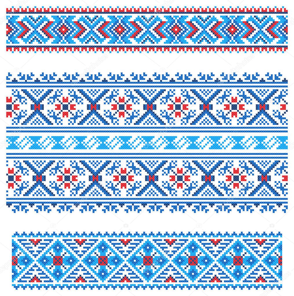 Set of seamless embroidered goods like handmade cross-stitch ethnic pattern for design. Vector  borders illustration on white background. Belarusian national ornament decoration.