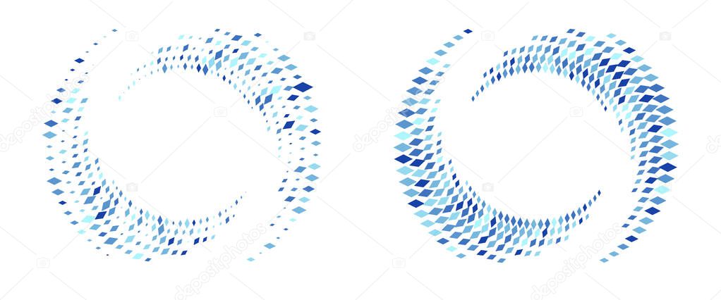 Modern abstract background. Halftone rhombus in circle form. Round logo. Vector dotted frame. Design element or icon.