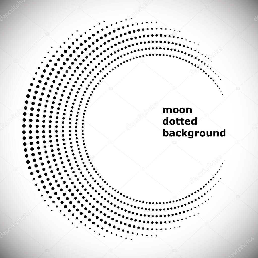 Halftone circle frame, abstract dots logo emblem design element for any projects. Round border icon. Abstract dotted vector background like muslim religion silhouette of moon symbol.