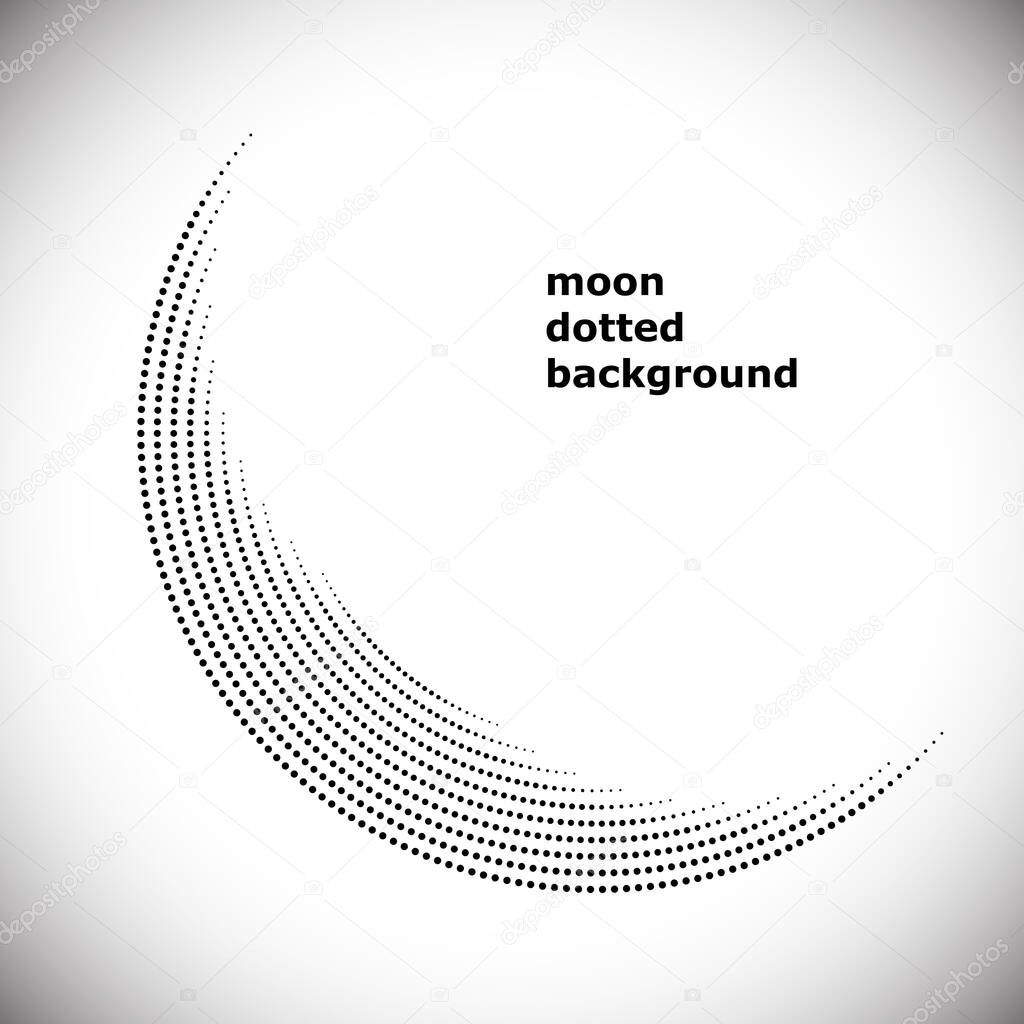 Halftone circle frame, abstract dots logo emblem design element for any projects. Round border icon. Abstract dotted vector background like muslim religion silhouette of moon symbol.