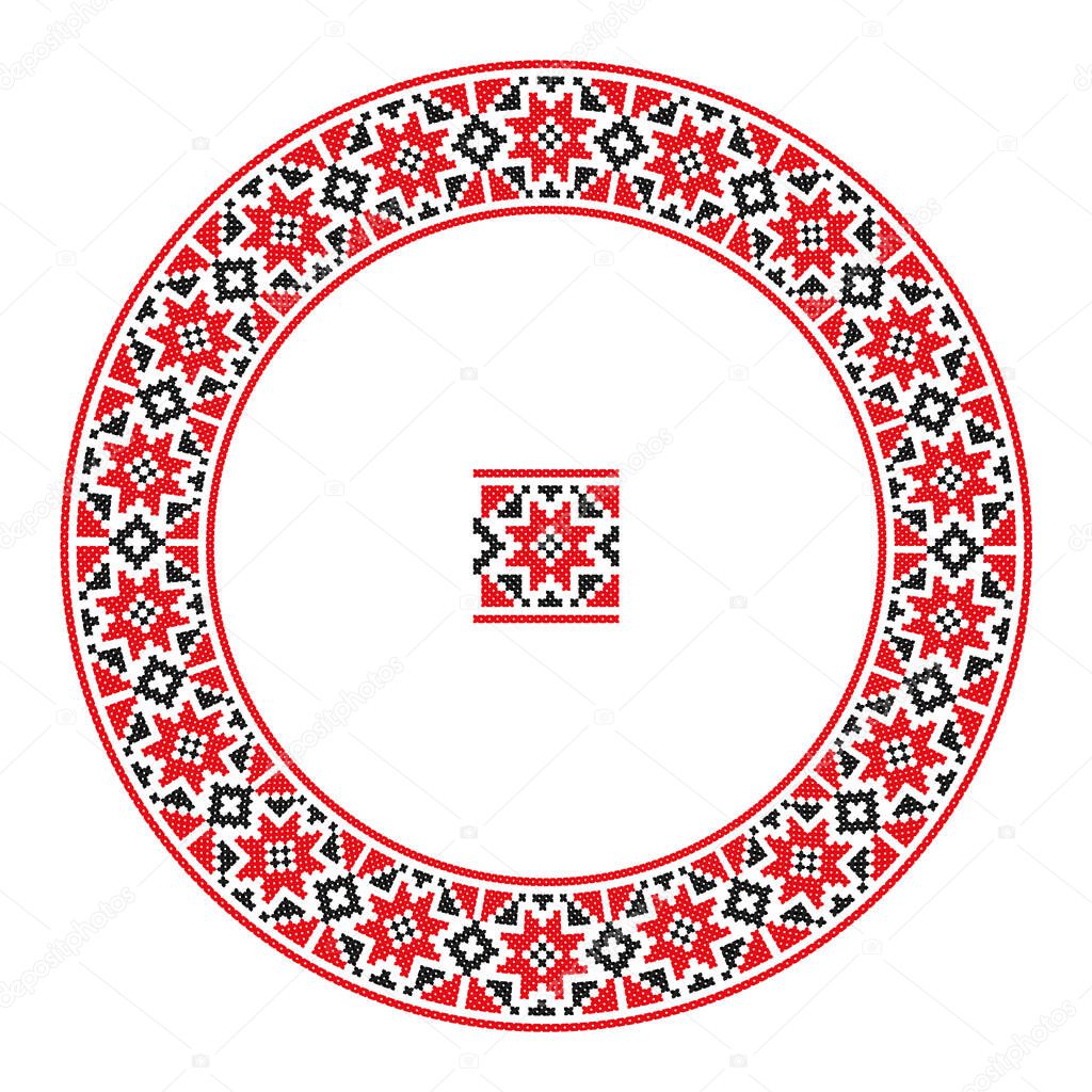 Embroidered good like handmade cross-stitch ethnic Ukraine pattern. Round ornament in ethnic style. Fashion background with ornate dish. Interior decor, vector illustration.