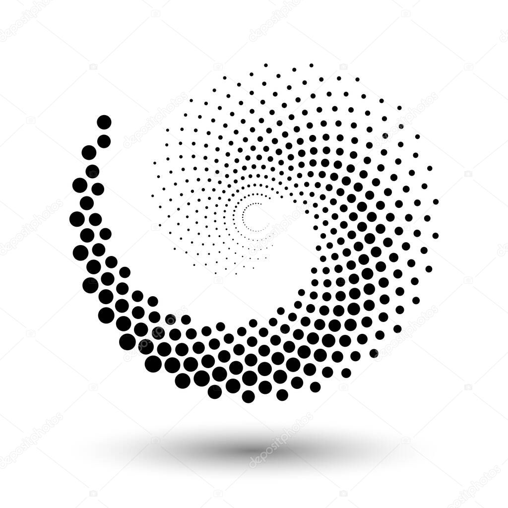 Spiral dots backdrop. Halftone shapes, abstract logo emblem or design element for any project. Vector EPS10 illustration.